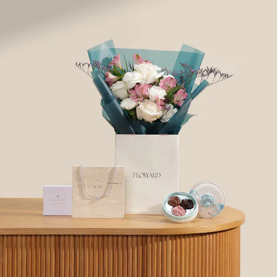 Caroline Svedbom Silver Heart Necklace | Bostani Chocolate and Uplifting Flower Bouquet