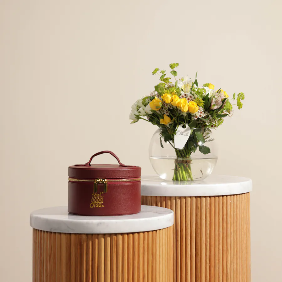 Feel Good Tea  Burgundy Leather Bag | Lovely Blooms Vase 1