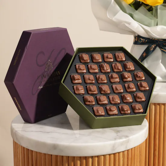 Hanoverian Salted Pecan Chocolate Box | Radiant Legacy Flower Bouquet