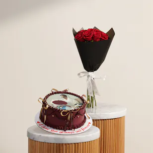 Mister Baker Personalized Maroon Photo Cake | Cherished Moment Flower Bouquet Mister Baker Personalized Maroon Photo Cake | Cherished Moment Flower Bouquet