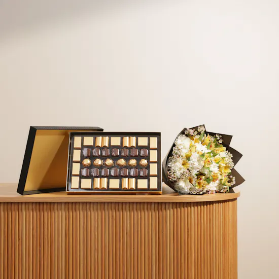 Bostani Black Leather Chocolate Box | Precious Flowers Bouquet