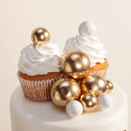 December Cake Golden White Birthday Cake and Cupcakes