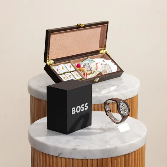 MyGovindas Rakhi Assorted Sweets Hamper | Hugo Boss Chronograph Men's Watch
