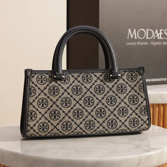 Tory Burch T Monogram Women's Navy Jacquard East-West Small Tote Bag