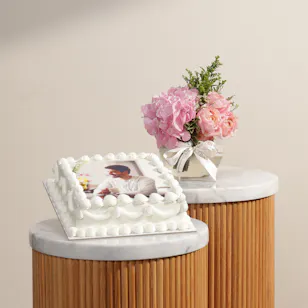 Mister Baker Personalized Classic Square Photo Cake | Blush Flora Vase Mister Baker Personalized Classic Square Photo Cake | Blush Flora Vase