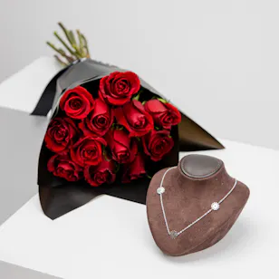 Silver Necklace & 12 Roses