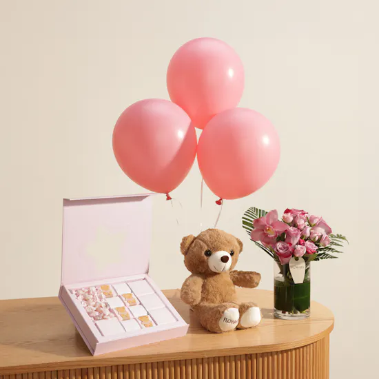 Patchi Baby Chocolate Box | Flower Vase with Cute Teddy Bear and Balloons