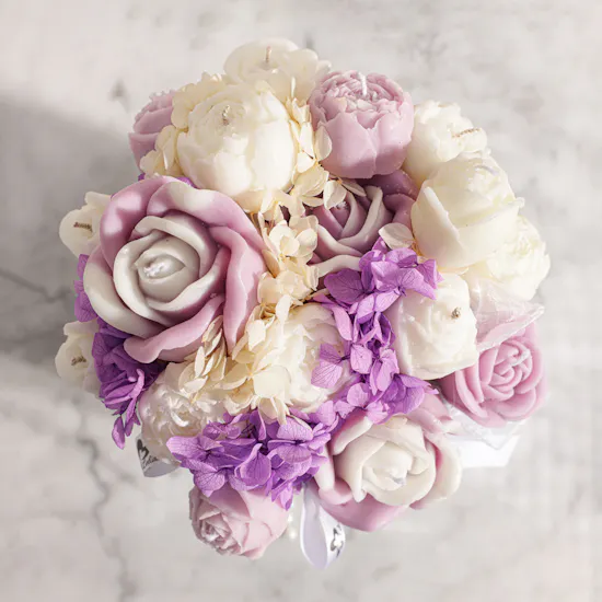 Lelido White and Purple Medium Candle Bouquet | 150 gm