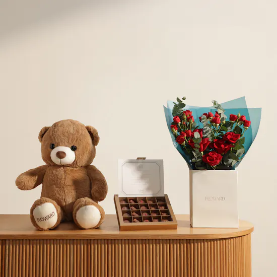 Levo Small Chocolate Box | Heartfelt Flower Bouquet and Teddy Bear