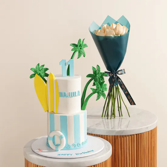NQ's Bakery Palm and Beach Personalized Cake | Summer Glow Flower