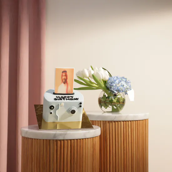 Floward Personalized Photo Blue Camera Cake | Sky Beauty Flower Vase