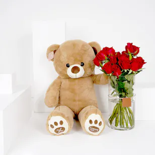 Floward Medium Teddy Bear | Red Roses Vase
