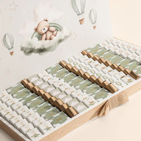 Le Chocolatier Dubai Personalized Hot Air Balloon Sage Green Welcome Baby Large Chocolate Tray