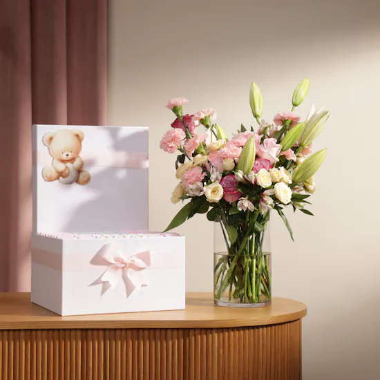 Le Chocolatier Dubai Baby Girl Teddy Bear-Themed Extra Large Chocolate Box | Pink Flower Vase