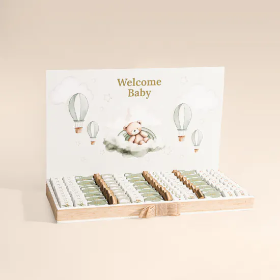 Le Chocolatier Dubai Personalized Hot Air Balloon Sage Green Welcome Baby Large Chocolate Tray