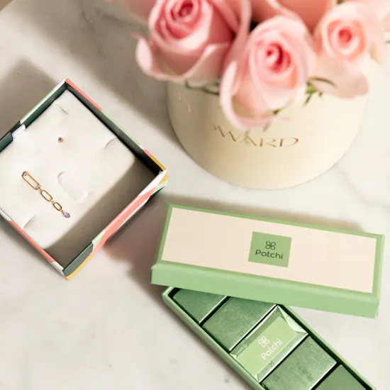 Miss L Stud and Drop Earrings | Patchi Chocolate Box and Flowers