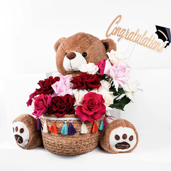 Congratulations for New Beginnings | Flowers and Teddy Bear