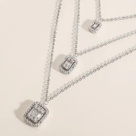 Alvira Crystal Triple Strand Emerald Silver Necklace