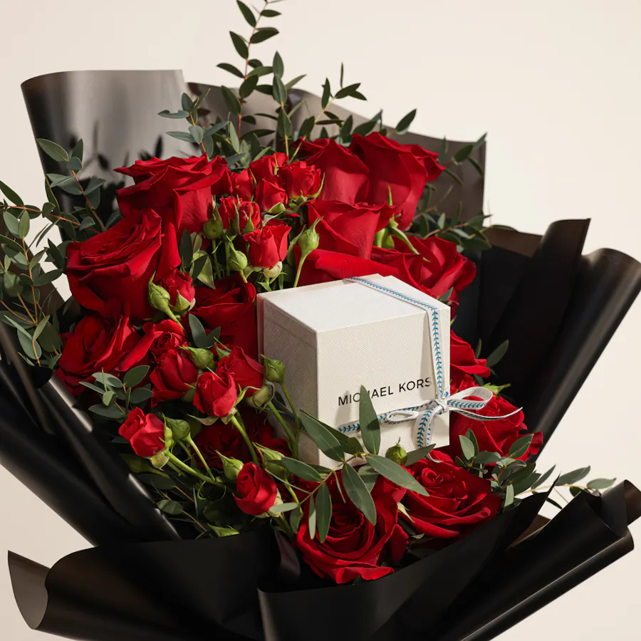 Michael Kors Women's Black Leather Watch | Red Roses Bouquet 2