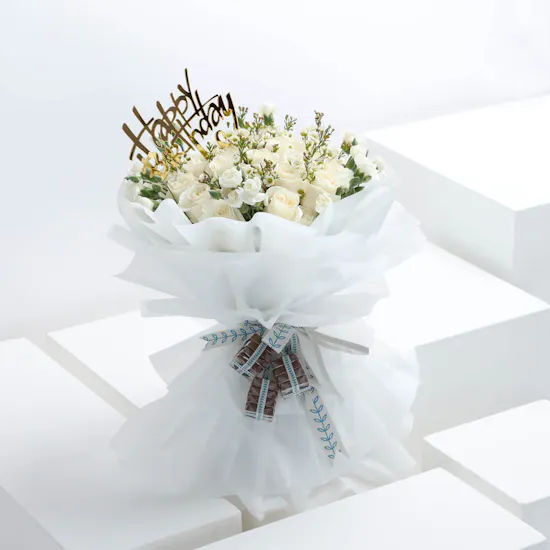 White Birthday Hand Bouquet With Chocolate