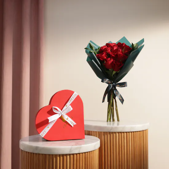 Abucci Red Heart Indulgence Chocolates Box | Passion Flowers Bouquet
