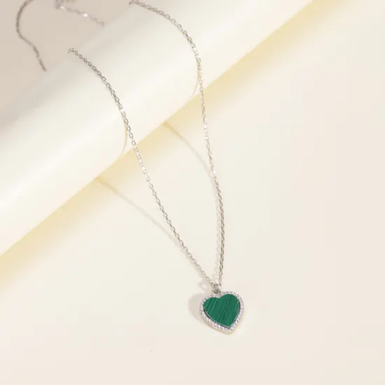 Zia Silver Heart Malachite Zircon Necklace | I Love You Red Rose Vase