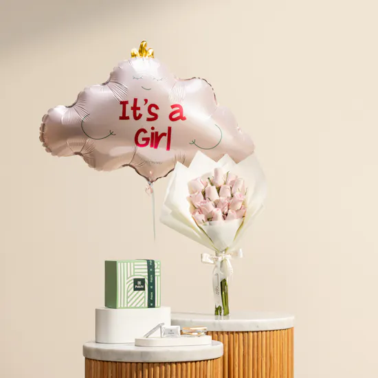 Patchi Classic Chocolate Box | Roses Bouquet and It’s A Girl Pink Cloud Balloons