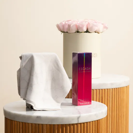 Emma Signé Beige Chiffon Scarf | Escada Magnetism Perfume and Flowers