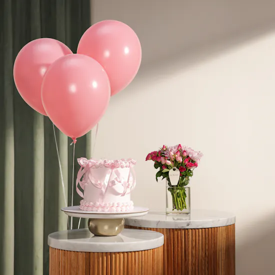 December Cake Pink Ribbon Cake | Bright Flowers and Balloon