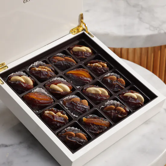 Mygovindas Wooden White Fancy Stuffed Dates Box | Harmonious Flower Bouquet