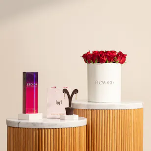 Hrh Pavé Safety Pin Earrings | Escada Magnetism Perfume for Women and Red Roses