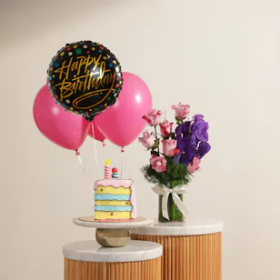 Floward Birthday Slice Comic Cake | Enchanting Flowers Vase and Balloons Floward Birthday Slice Comic Cake | Enchanting Flowers Vase and Balloons