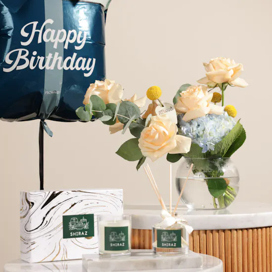 Shiraz Luxury Diffuser Gift Set | Flowers Vase and Birthday Balloon