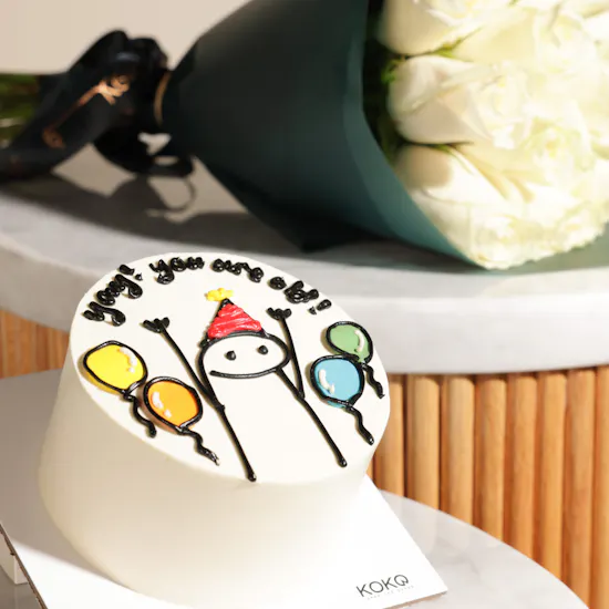 Koko Birthday Stickman Cake | Dreamy White Roses Bouquet