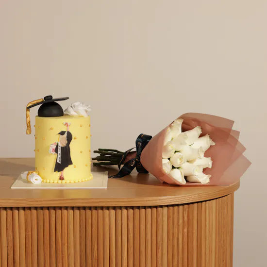 Cake Boutique Graduation Cake | Elegant White Rose Bouquet