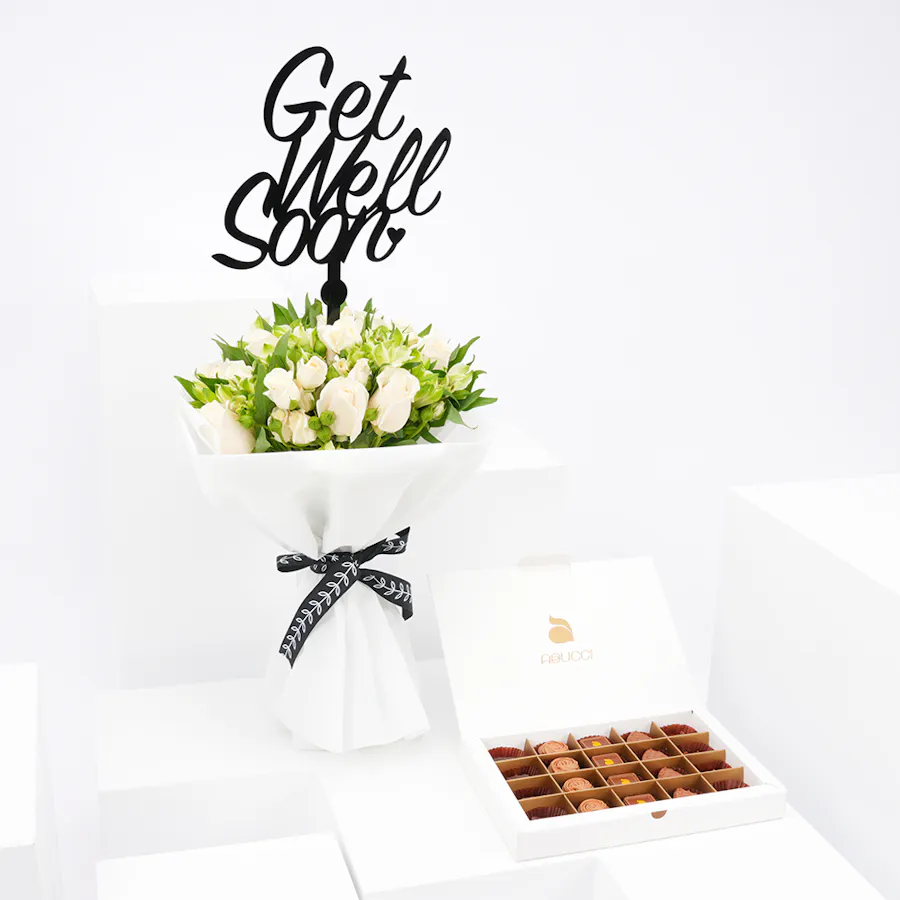 Abucci Small Chocolate Box with Get Well Soon Blooms Bouquet 5