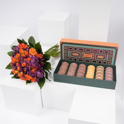 Ermine Macarons Box with Colorful Blooms Bouquet