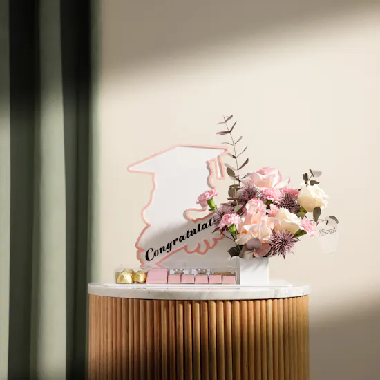 Floward Graduation Chocolate and Flowers Pink Tray