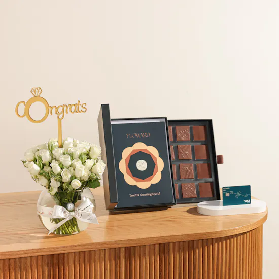 Floward Card 100 KWD and Chocolate Box | Congrats Bright Flower