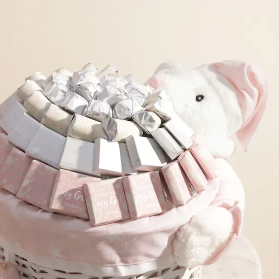 Bostani Small Pink and White Teddy Bear Baby Girl Chocolate Basket